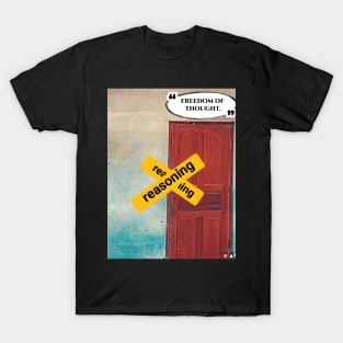 Picture of a door with a place name sign and a restricted area sign attached. T-Shirt